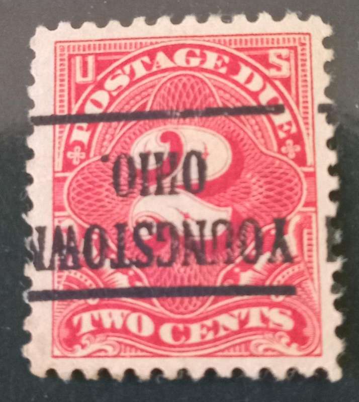 USA 1917 2 cent Postage Due with inverted pre cancel Youngstown Ohio