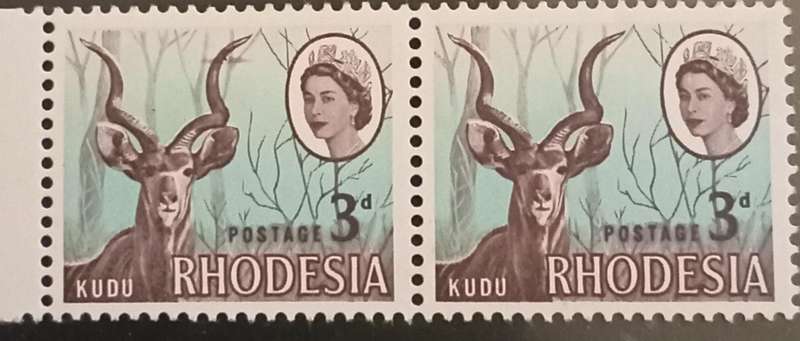 RHODESIA 1966 3d KUDU SCARCE ANTLER FLAW in 1 stamp of a pair