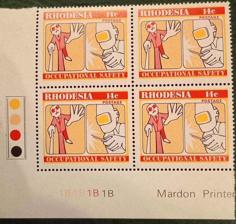 RHODESIA 1975 CONTROL BLOCK OF 4 WITH SCARCE BROKEN 'ON' of Occupational