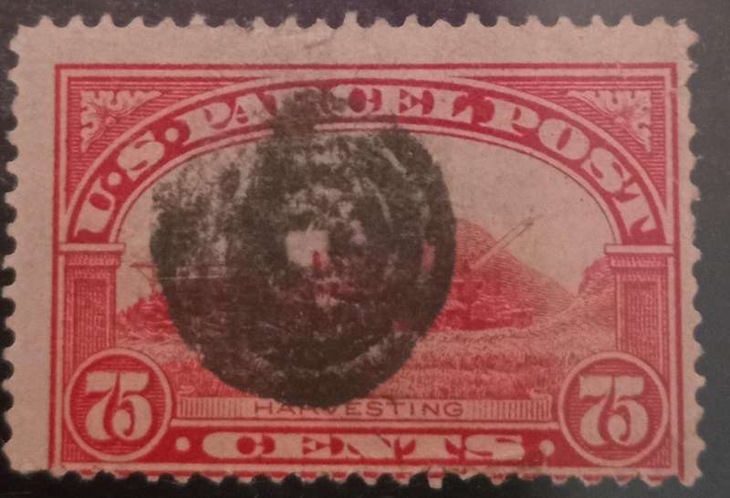 1913 USA Parcel Post 75 cent Harvesting with a striking Bulls eye Cancel