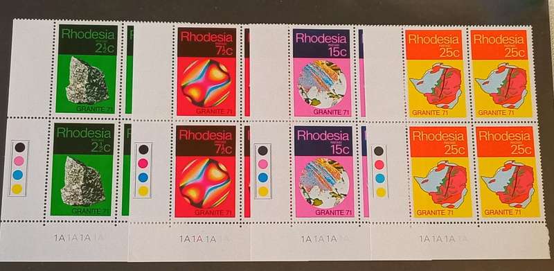 RHODESIA "Granite 71" 4 x Blocks of 4  xCylinders 1A, MNH. CV R1000+ #227-230