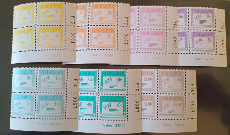 Zimbabwe 1995 POSTAGE DUE Control Blocks of 4 x 7, MNH