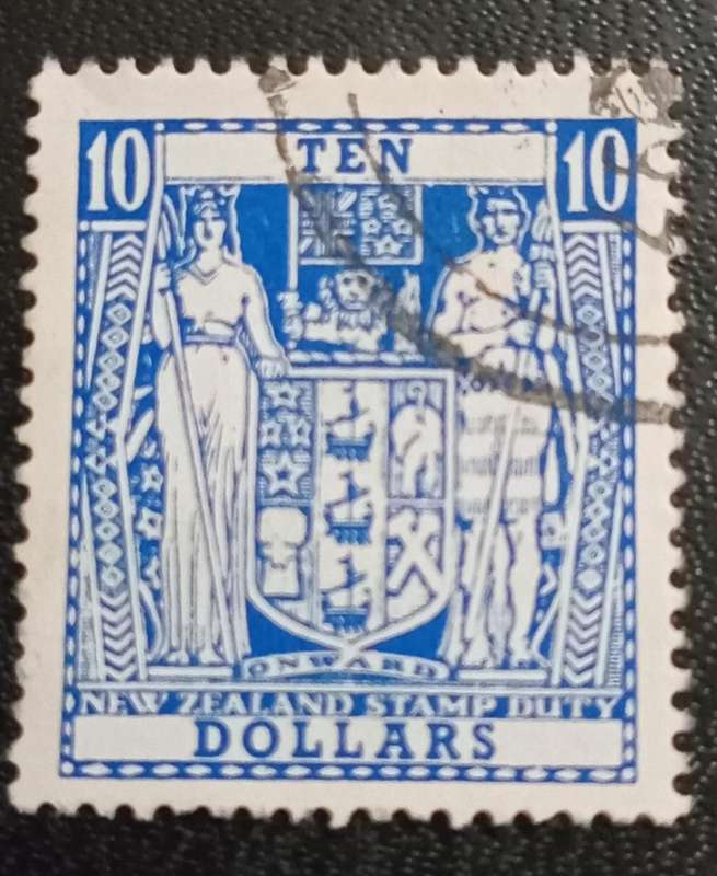 1967 New Zealand Postal Fiscal Stamp - $10 Dark Blue - FU