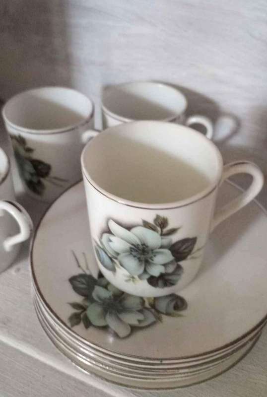 Beautiful Vintage Espresso Set with 5 Duos, Teapot, Milk jug and Sugar Bowl