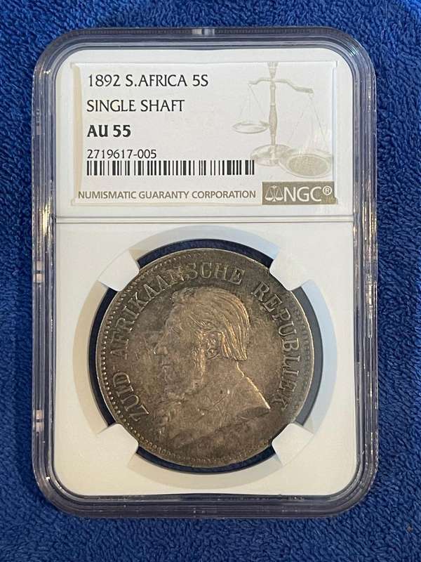 1892 ZAR - South Africa Single Shaft 5S / Crown - NGC Graded AU55!