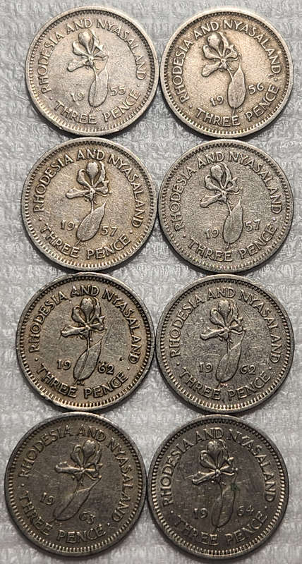 3 (THREE) PENCE - Rhodesia and Nyasaland x 8 Coins