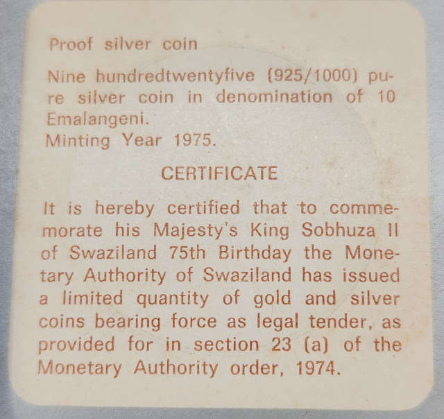 10 (TEN) EMALANGENI - 1975 - 1 Ounce Silver PROOF Coin - SWAZILAND - RARE and Awesome Coin !
