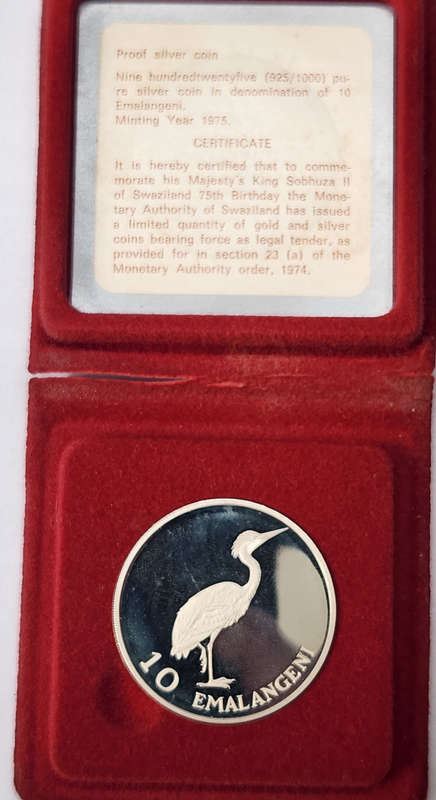10 (TEN) EMALANGENI - 1975 - 1 Ounce Silver PROOF Coin - SWAZILAND - RARE and Awesome Coin !