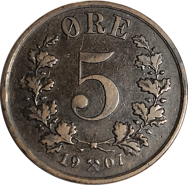 5 (FIVE) ORE (Krone)  - 1907 - Norway - Haakon VII - Low Mintage 200 000 Only
