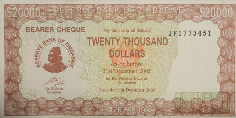 $20000 (TWENTY) THOUSAND - Zimbabwe Bearer Cheque - JF1773451 - UNC