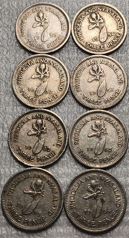 3 (THREE) PENCE - Rhodesia and Nyasaland x 8 Coins