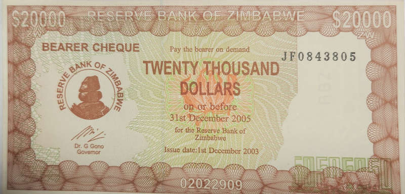 $20000 (TWENTY) THOUSAND Dollars- 2005 - Zimbabwe Bearer Cheque - JF0843805 - UNC