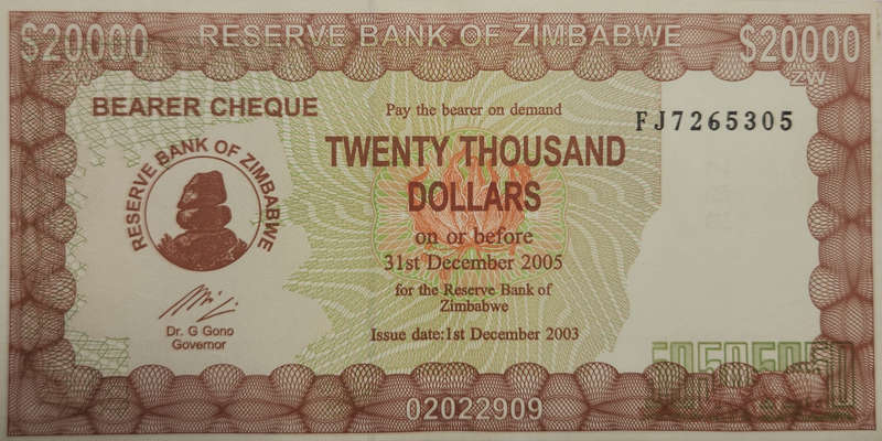 $20000 (TWENTY) THOUSAND Dollars- 2005 - Zimbabwe Bearer Cheque - FJ7265305 - UNC