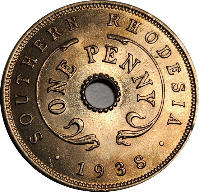 1 (ONE) PENNY - 1938 - Southern Rhodesia - AU - Beautiful coin ! (Low Mintage 240 000 Only)