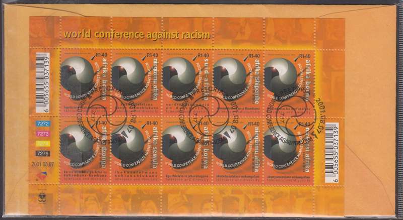 RSA - World Conference Against Racism FDC 7.25 + CTO Sheet MNH - SACC 1422-1431
