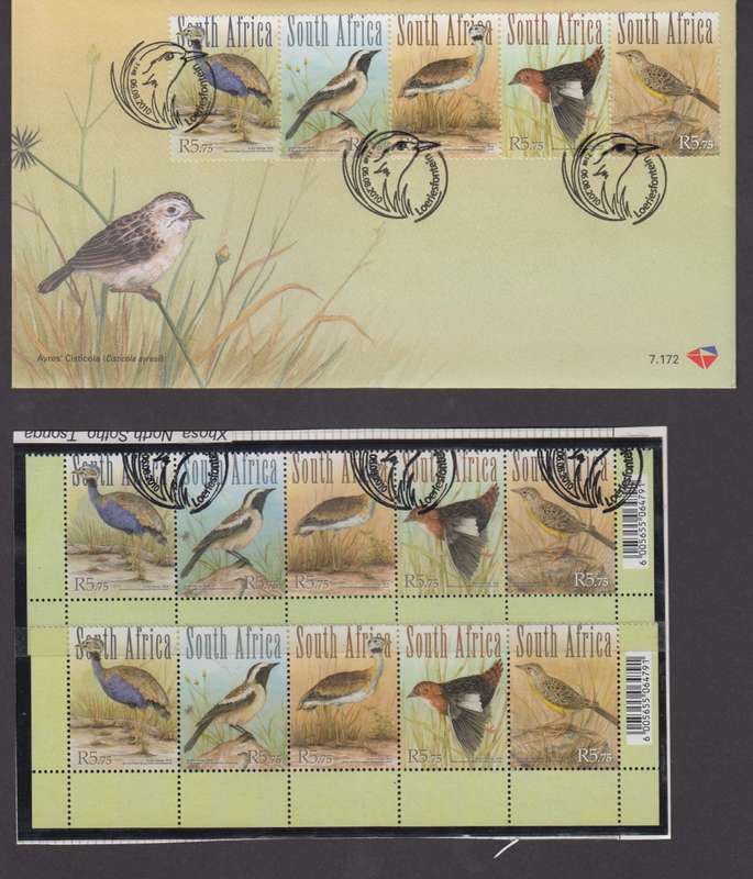RSA - 2010 Grassland Birds of SA- FDC 7.172 - MNH Sentenant Strip & CTO Sentenant Strip- SACC 2081-2