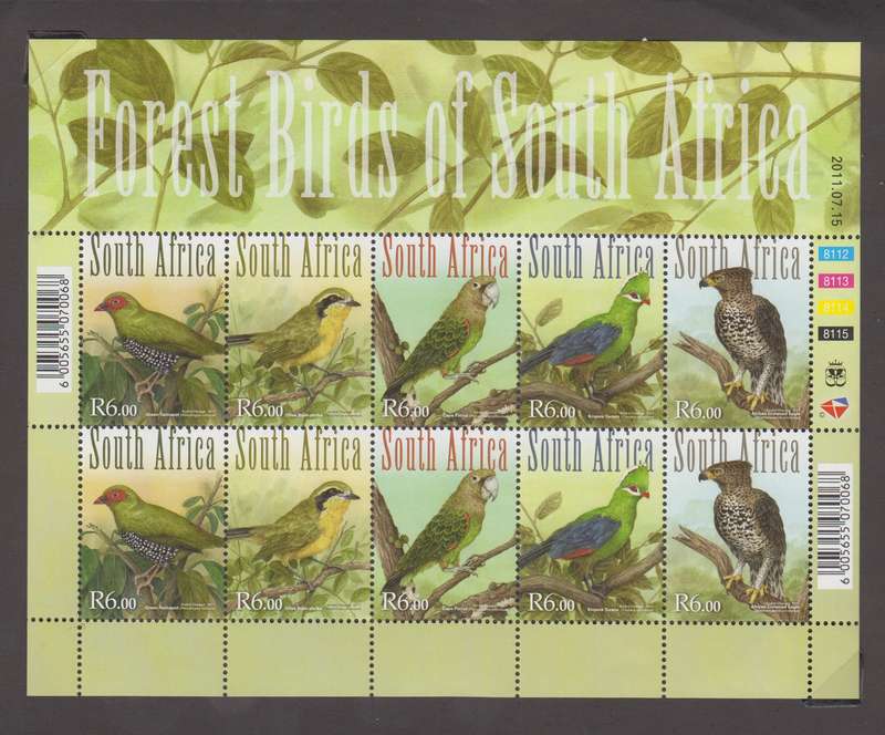 RSA - 2011 Forest Birds of SA - MNH Full Sheet - SACC 2186-2190