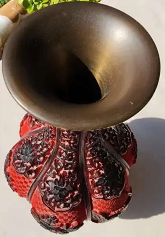 VINTAGE CHINESE BLACK AND RED CINNABAR CARVED LACQUER (TREE RESIN) BRASS VASE 31CM HIGH, WORTH R7000