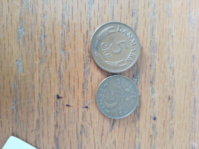 Netherlands 1966 5c,1963 Denmark 5 ore coins