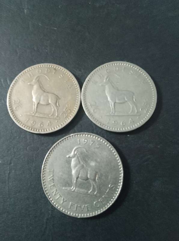 Rhodesia 2 x 1964 25c... 1 x 1975 25c coin
