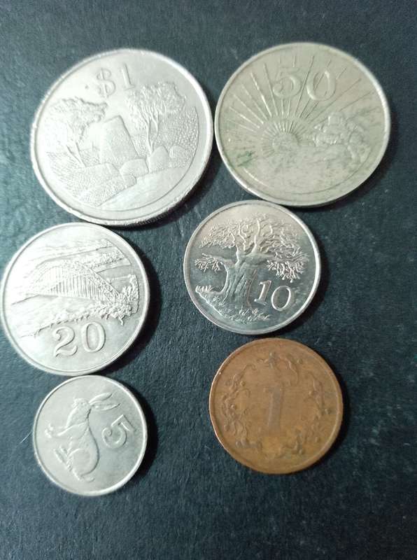 1980 Zimbabwe $1 & 20c & 10c.  1990 50c. 1996 5c & 1c.