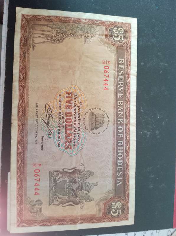 1978 Rhodesia Five Dollar note