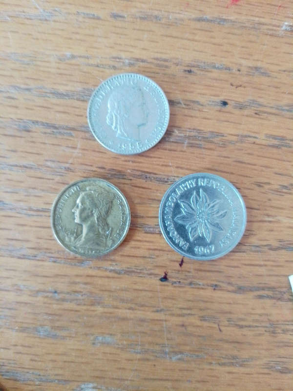 Switzerland 1955 20 Rappen Madagascar 1967 5 francs and 1953 10 francs