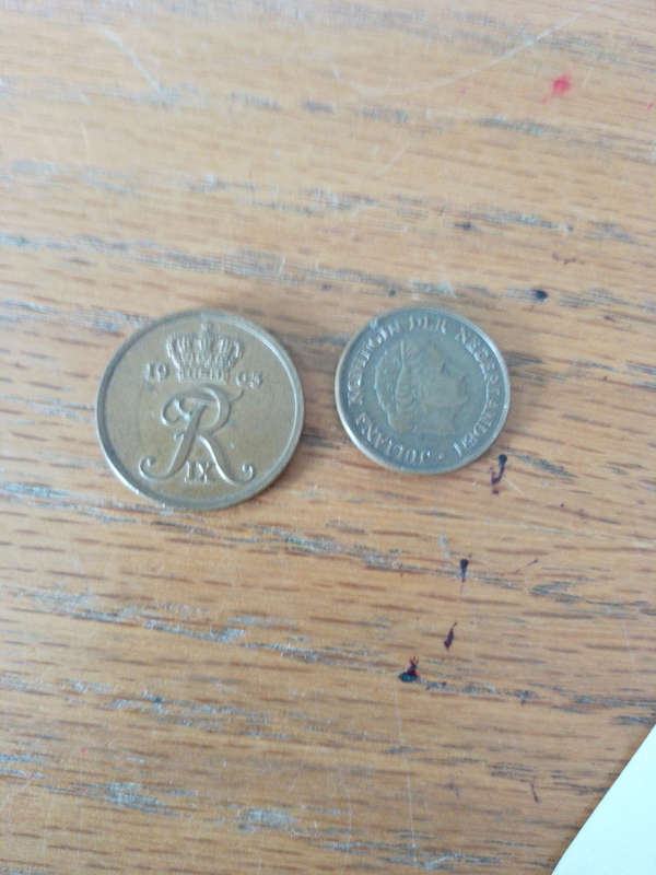 Netherlands 1966 5c,1963 Denmark 5 ore coins