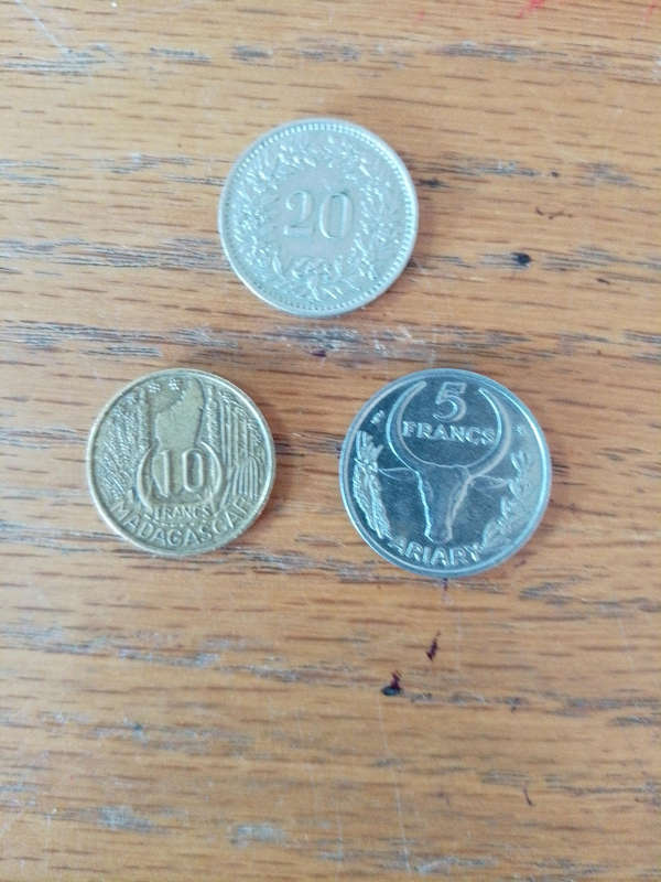 Switzerland 1955 20 Rappen Madagascar 1967 5 francs and 1953 10 francs