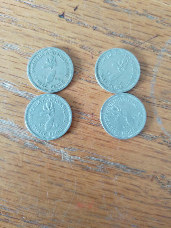 Rhodesia Nyasaland 3p coins 2x1962. 2x1964.