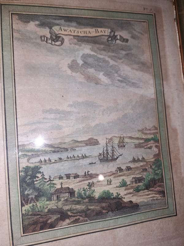 Antique hand coloured print, Awatscha Bay, Kamchatka, Russia