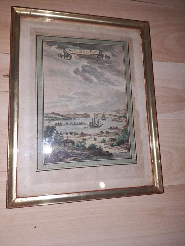 Antique hand coloured print, Awatscha Bay, Kamchatka, Russia