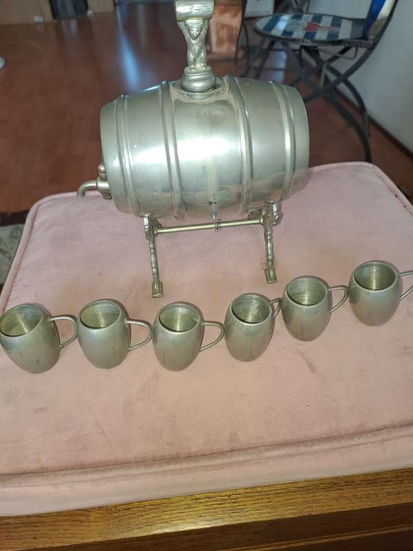 Norwegian Savo Tinn Pewter decanter with 6 cups on stand