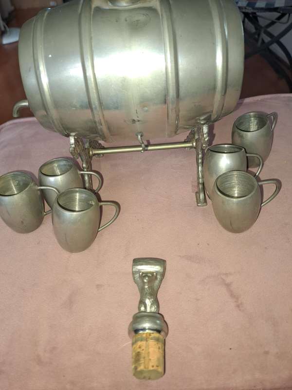 Norwegian Savo Tinn Pewter decanter with 6 cups on stand
