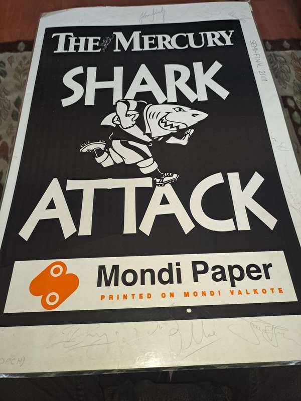 Laminated Mercury, Shark Attack 2001 semi final signed by 12 players