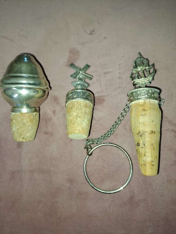 3 x Antique Wine Bottle Cork Stoppers, silver or silver plated