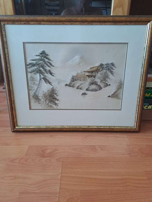 Mt Fuji Japanese Silk Embroidery picture framed