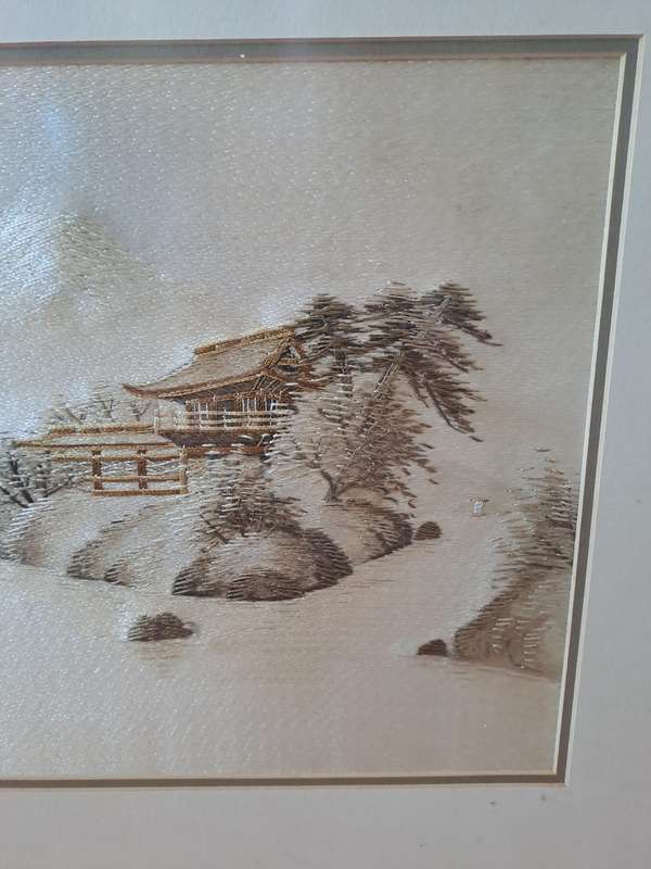Mt Fuji Japanese Silk Embroidery picture framed