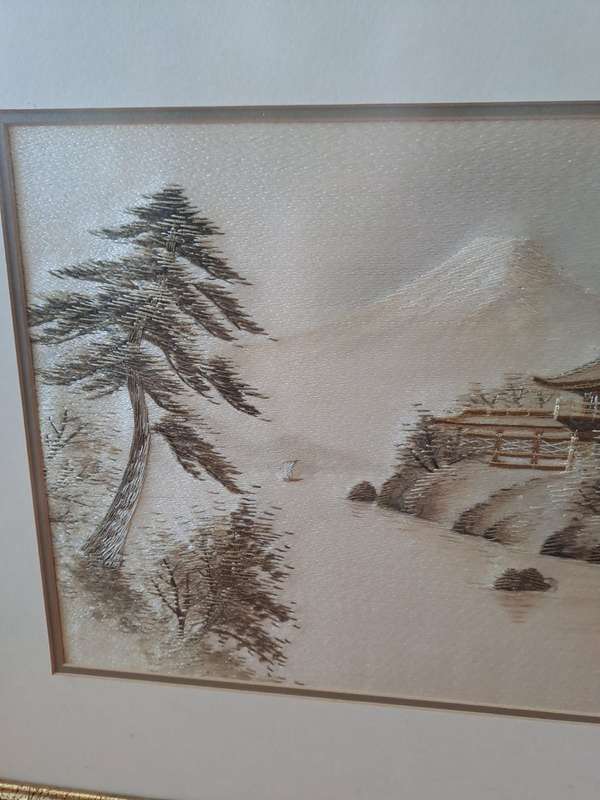 Mt Fuji Japanese Silk Embroidery picture framed