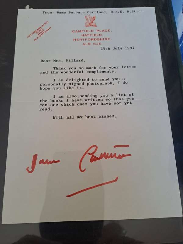 Dame Barbara Cartland signed letter and signed photo