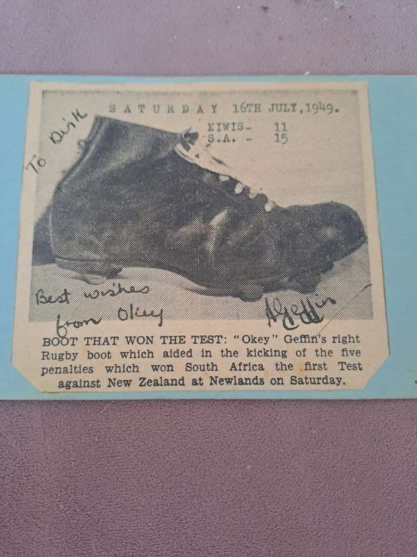 The Boot that won the Test, 16th July 1949, signed by Okey Geffen