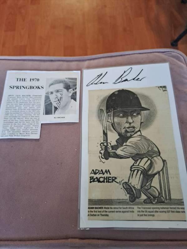 Cricket, Ali Bacher and nephew Adam Bacher (laminated) original signatures