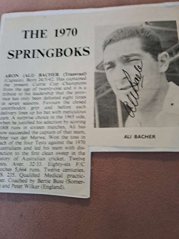 Cricket, Ali Bacher and nephew Adam Bacher (laminated) original signatures