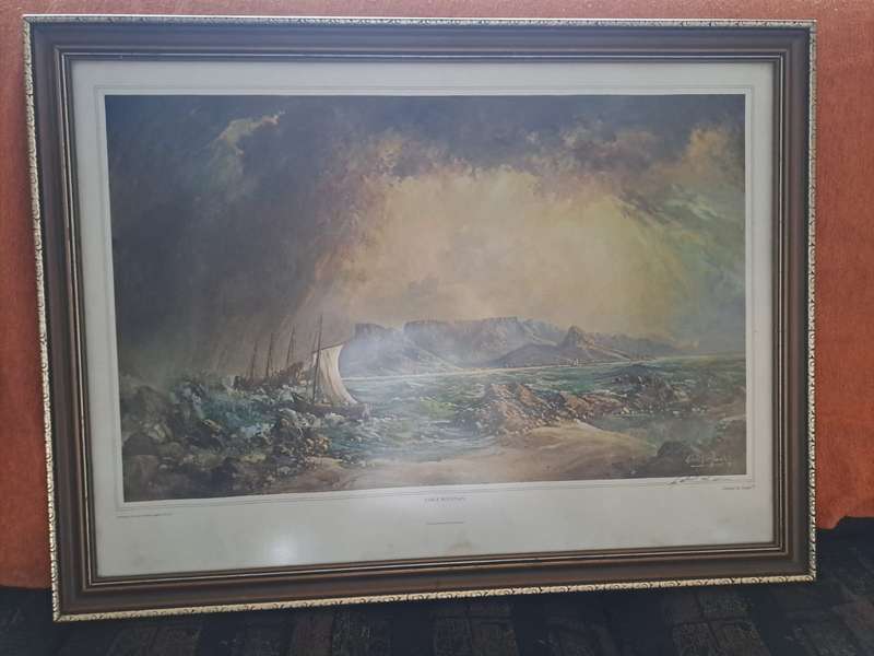 Gabriel de Jongh Lithograph "Table Mountain with Galleon" with original signature in pen