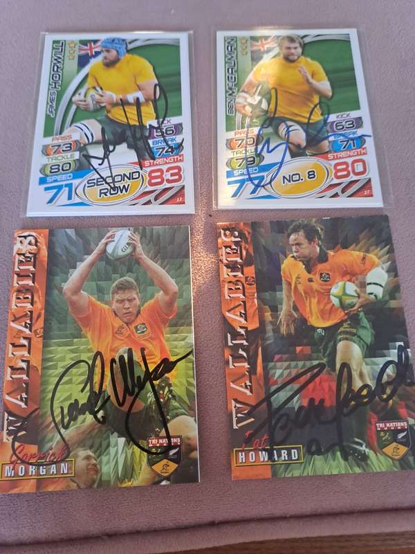 4 x Wallaby rugby cards, James Horwill, Ben McCalman, Garrick Morgan, Pat Howard original signatures