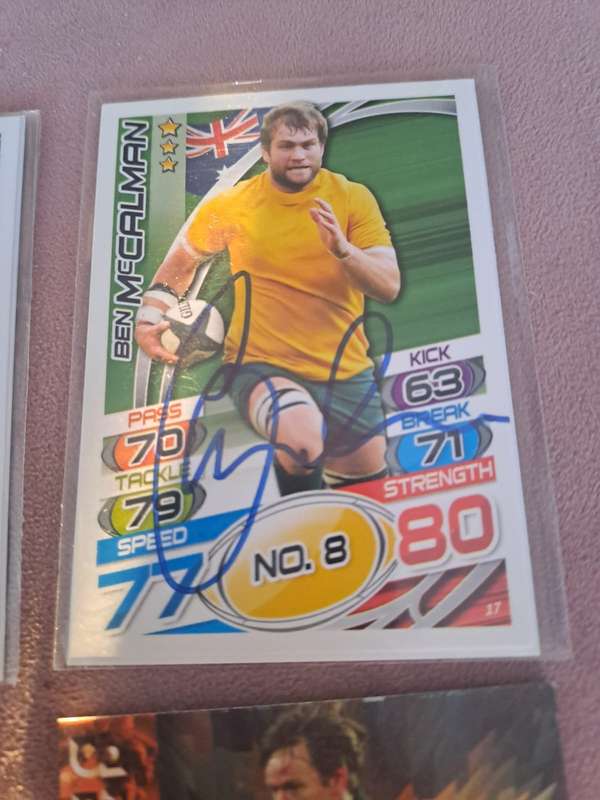 4 x Wallaby rugby cards, James Horwill, Ben McCalman, Garrick Morgan, Pat Howard original signatures