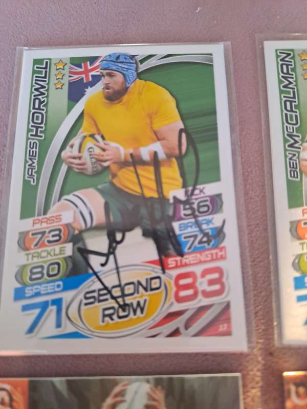 4 x Wallaby rugby cards, James Horwill, Ben McCalman, Garrick Morgan, Pat Howard original signatures