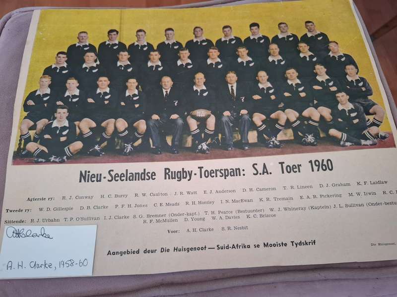 Avril Malan debut test, signed by him (flip side All Black team signed by AH Clarke)