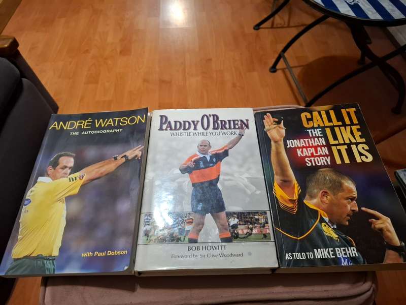 3 x Rugby Referee Books, Jonathan Kaplan, Paddy O'Brien, Andre Watson, all signed