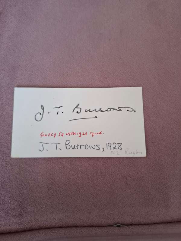 J T Burrows, 1928 All Black rugby player original autograph